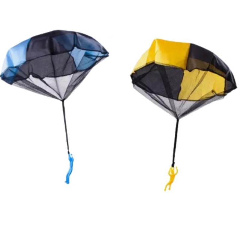 Set di 2 soldatini giocattolo con paracadute, personaggio lanciabile tipo paracadutista, blu e giallo