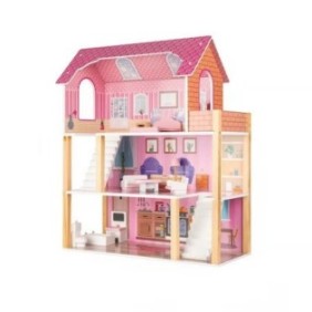 Casa delle bambole, rosa, in legno con mobili, 70 cm