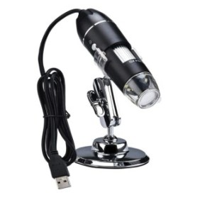 Microscopio con LED orientabile, connettore USB A maschio, 8 LED, zoom 1000x, cavo di alimentazione 135 cm, con supporto, Nero