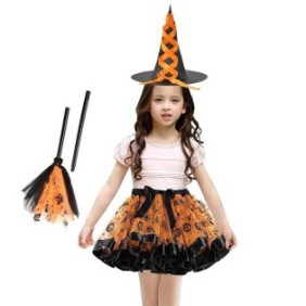Set costume di Halloween per bambini, Zola®, streghetta, 3 pezzi, gonna, cappello e scopa, 3 anni +, nero con arancione
