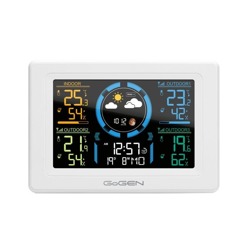 Stazione meteorologica da interno ed esterno GoGEN ME 3397 W, LCD a colori, 3 sensori inclusi, sveglia, bianco
