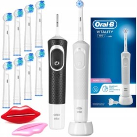 Set, 2 spazzolini elettrici, Oral-B Vitality 100, nero, bianco, 8 testine di ricambio, 2 spazzolini per pasta