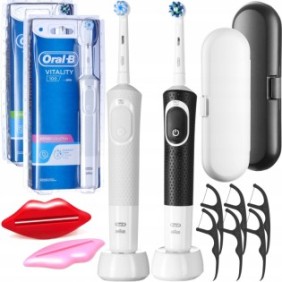 Set, 2 spazzolini elettrici, Oral-B Vitality 100, nero, bianco, 2 custodie da viaggio, 2 spazzolini per pasta, filo interdentale