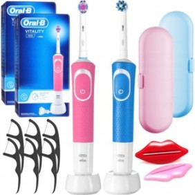 Set, 2 spazzolini elettrici, Oral-B Vitality 100, alabastro, rosa, 2 custodie da viaggio, 2 spazzolini per pasta, filo interdentale