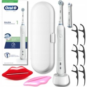 Set, spazzolino elettrico, prodotti per la cura delle gengive Oral-B PRO 1, bianco, custodia da viaggio, 2 spazzolini per pasta, filo interdentale