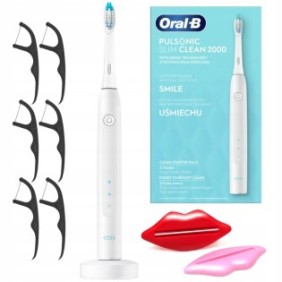 Set, spazzolino elettrico, Oral-B Pulsonic Slim Clean 2000, bianco, 2x estrattori di pasta, filo interdentale