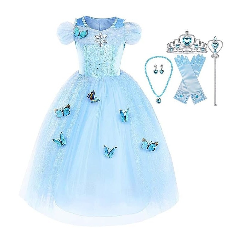 Abito Cenerentola con Farfalle per Bambini, Set con corona e accessori, Tessuto pregiato, 2-3 anni, 100, Blu