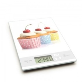 Bilancia da cucina bianca con motivo muffin, con piatto in vetro, pulsanti touch, disconnessione automatica, limite di misurazione 5 kg