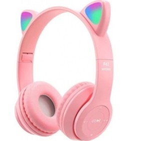 Cuffie wireless Y47 orecchie di gatto, pieghevoli, Bluetooth 5.0, LED interattivi RGB, slot per schede TF, riproduzione MP3/WAV, rosa