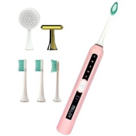 Set spazzolino elettrico sonico multifunzionale 3 in 1, funzione massaggio viso, 5 modalità di pulizia, con 3 testine e 2 testine per massaggio cutaneo