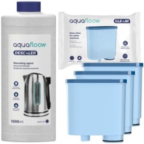 Kit manutenzione Espresso, Aquafloow, Compatibile con Saeco/Philips, 3 filtri acqua, Soluzione anticalcare, 1 l