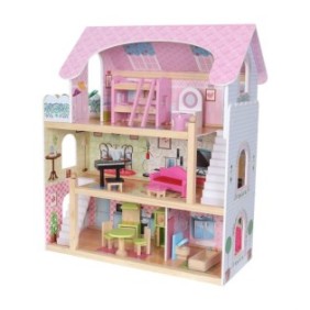 Casa Grande in Legno per Bambini, 3 Livelli con 5 Camere + Accessori, Dimensioni 63x71x30 cm
