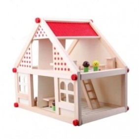 Casa in legno per bambole + 4 figurine + mobili