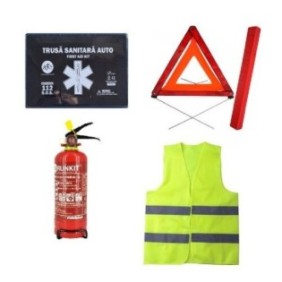 Kit di sicurezza auto obbligatorio secondo il codice della strada - 1 estintore a polvere, 1 triangolo catarifrangente, 1 kit medico, 1 giubbotto catarifrangente + custodia REGALO