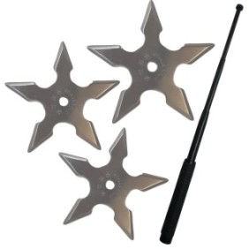 Kit autodifesa bastone da passeggio telescopico in acciaio, 64 cm, 4 sezioni, 3 pezzi ninja star 5 angoli