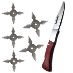 Kit di autodifesa, coltello tascabile in custodia, 5 pezzi Ninja Star 4 angoli