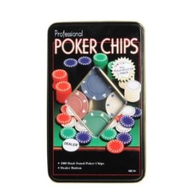 Set da poker con 100 fiches da poker in una scatola di metallo, pulsante del mazziere, fiches in 4 colori da 1, 5, 10 e 25 più carte da gioco