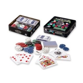 Set da poker con 100 fiches da poker in scatola di metallo, pulsante del mazziere, fiches in 4 colori da 1, 5, 10 e 25, 2 carte da gioco