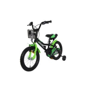 Bicicletta per bambini NOVOKIDS™ Splend'Or Boom Edition, con cestino, ruote 14" pollici, massimo 35 kg, telaio in acciaio, ruote ausiliarie rimovibili, manubrio regolabile in altezza, nera con verde