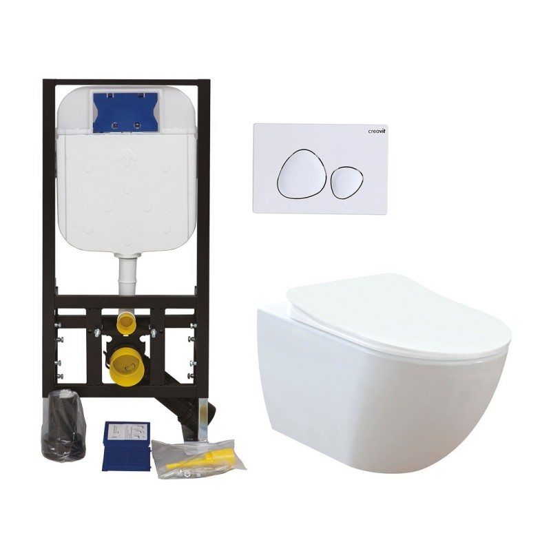 Set WC sospeso Creavit FE320.11CB Set fissaggio telaio per cassetta interrata, porta bianca, tazza WC e coperchio con chiusura rallentata