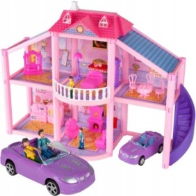 Casa delle bambole, KinderVibe, su 2 livelli, con 5 stanze, terrazza, scala esterna, auto decappottabile, include mobili e 2 bambole, stimola il gioco di ruolo e l'immaginazione, alta 42 cm, multicolore