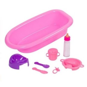 Set accessori per la cura della bambola, vaschetta e vasino, biberon, 8 pz, rosa/viola, 39x9x23 cm, +3 anni