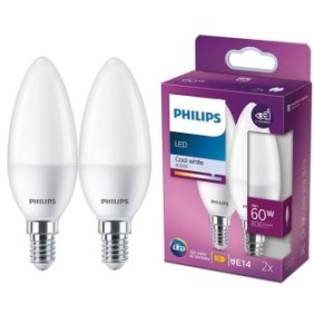 Confezione da 2 lampadine LED Philips B38, E14, 7W (60W), 806 lm, luce bianca fredda (4000K), classe energetica E