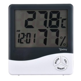 Termometro digitale ambientale Deliny®, design Sottile, Orologio, funzione Min/Max, batteria AAA inclusa, Supporto supporto, Sottile, Bianco