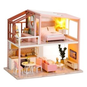 Modello di casa di montaggio, Scandinavia rosa, 17 cm x 10 cm x 15,4 cm, miniatura fai da te, lampadine LED, Habari