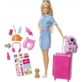 Bambola Barbie, con capelli biondi, bagaglio aereo e adesivi, cuscino aereo e cartella, dimensioni 23x6x32 cm