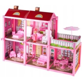 Casa delle bambole, FashionVilla, KinderVibe™, con due piani, 6 stanze e una bambola, spogliatoio e terrazza con ombrellone, mobili inclusi, altezza 44 cm, rosa