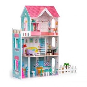 Casa delle bambole giocattolo per bambini, in legno, con 3 piani, 4 stanze e 18 mobili, rosa/blu