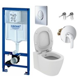 Set lavabo da incasso Grohe, lavabo Ideal Standard Connect con funzione bidet, fissaggio nascosto, lido Softclose, vasca Grohe, rubinetto da incasso Grohe