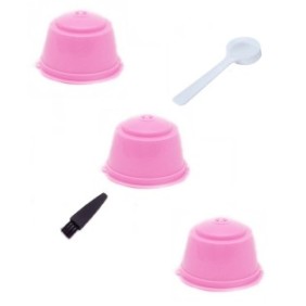 Set 3 capsule caffè, riutilizzabili, ricaricabili, compatibili Dolce Gusto, rosa, con pennellino e cucchiaino