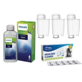 Kit di manutenzione per macchina da caffè espresso, Philips, CA6700/10, 3 filtri Aqualogis AL-Inte, 10 pastiglie detergenti Cleaneo, soluzione decalcificante da 250 ml