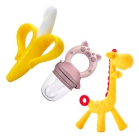 Set di 3 Giocattolo per la dentizione del bambino a forma di banana, Ciuccio rosa per l'introduzione del cibo solido, Giraffa gialla per la dentizione