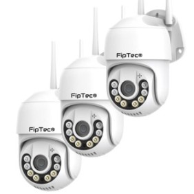 Set di 3 telecamere di sorveglianza FipTec LO24, WiFi, 8MP 4K UHD 3840*2160p, suono bidirezionale, allarmi di movimento e sonori, monitoraggio audio video e controllo da Android, Apple o PC, bianco