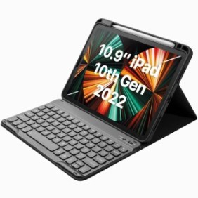 Apple iPad Cover con tastiera, Zoopie®, compatibile con iPad 10a generazione 2022, 10.9", tastiera wireless illuminata a 7 colori, Bluetooth 5.3, USB-C, portapenna, nero