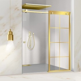 Parete doccia con porta scorrevole Glissando Gold, modello Mode dorato, vetro temperato trasparente, per nicchie di larghezza compresa tra 140-150x205 cm