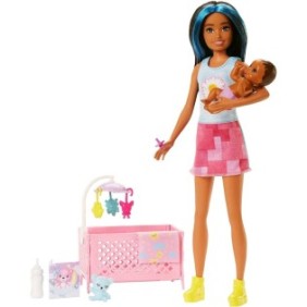 Bambola Barbie, Skipper Babysitter con bimbo, lettino e accessori, mulatra, 26 cm