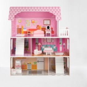 Moderna casa delle bambole in legno con 3 livelli e scala interna iMK®, rosa 70 cm x 59 cm x 22,5 cm