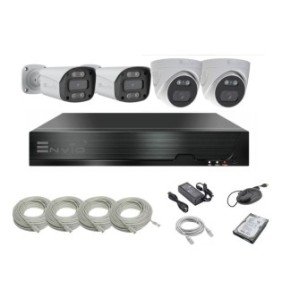 Sistema di Videosorveglianza completo ENVIO IP POE con 4 telecamere Full Color 5MP PESS-KIT4CH2BFM60H5002DFM70H500S-WMHDD