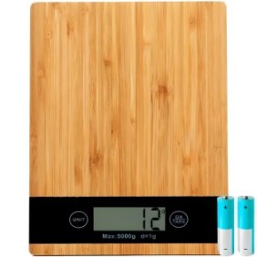 Bilancia da cucina, 5kg, country, LCD, indicatore batteria scarica, funzione pesatura liquidi, 1 gr., ciotola per prodotti sfusi, Bambù