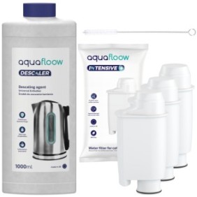 Kit manutenzione Espresso, Aquafloow, Compatibile con Saeco, 3 filtri acqua, Spazzola, Soluzione anticalcare, 1 l