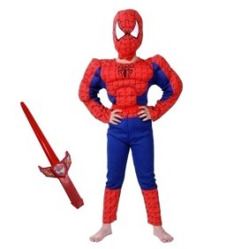 IdeallStore® set costume classico Spiderman muscolare, 5-7 anni, 110-120 cm, rosso e spada laser inclusi