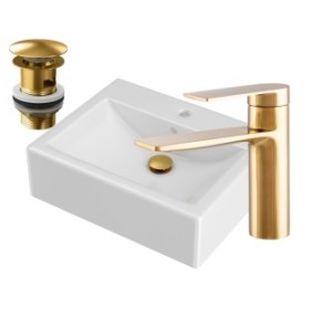 Set lavabo/rubinetto/valvola, Granitan, Bilbao, Ceramica/Ottone, 525 x 420 x 160 mm, Bianco/Oro