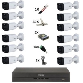 Sistema di sorveglianza Dahua con 16 telecamere ColorVu 8MP, luce colorata 40M, ottica 3,6mm, allarme Strobe, DVR 4k 16 canali, accessori
