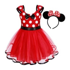 Set mini vestito topo con fascia per capelli, misura 90 cm, per bambini da 1 a 3 anni, rosso