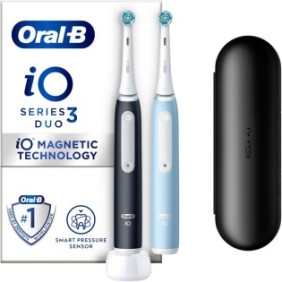 Set 2 spazzolini elettrici Oral-B iO3 con tecnologia magnetica e microvibrazione, sensori di pressione intelligenti, 3 modalità, 2 testine, kit da viaggio, Nero/Blu