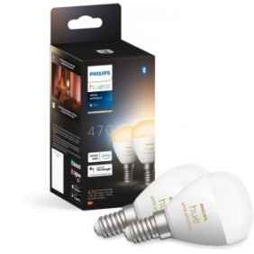 Confezione da 2 lampadine LED intelligenti Philips Hue P45, Bluetooth, Zigbee, E14, 5,1W, 470lm, luce bianca (2200-6500K), classe energetica F